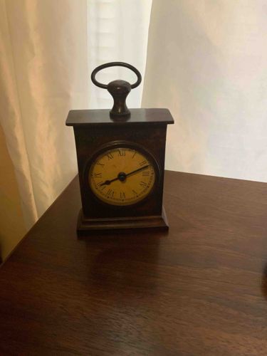 Edwardian Style Mahogany Veneer Mantle Clock with Brass Cinching Handle