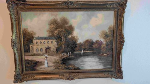Riverside Estate Scene Oil Painting in Ornate Gilt Frame