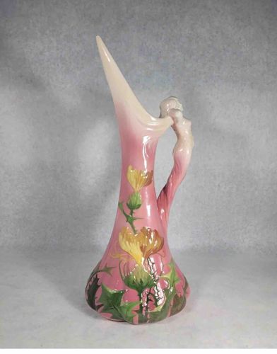 Delphin Massier Majolica Thistle Vase with Nymph Handle