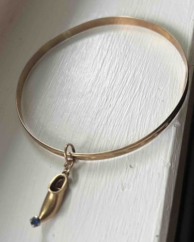 Engraved Gold Bangle with 18k Gold Greek Tsarouchi Charm with Sapphire