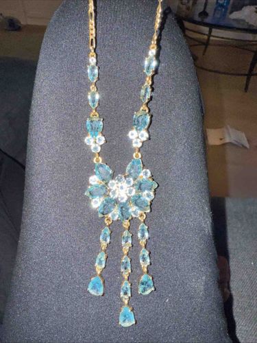 Audrey-Style Blue Gemstone Bib Necklace with Dangle Drops
