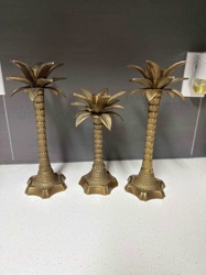 Set of Three Brass Palm Tree Candlestick Holders