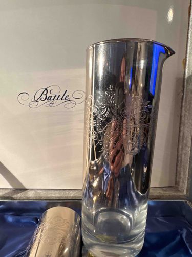 Baittle Glass Beverage Pitcher with Silver Tarnish Gradient and Etched Scrollwork