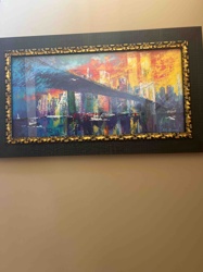 Framed Abstract Cityscape Painting with Bridge