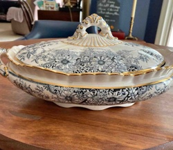 Victorian/Edwardian Black and White Transferware Covered Serving Dish with Gilt Accents
