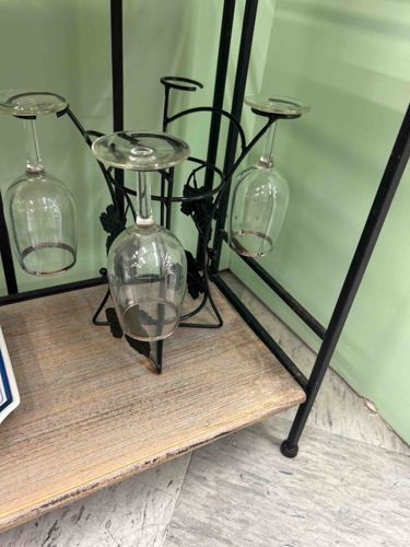 Wrought Iron and Wood Wine Rack Table / Stand with Glass Holders