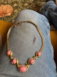 Vintage Gold Tone Pink Cabochon and Rhinestone Choker Necklace