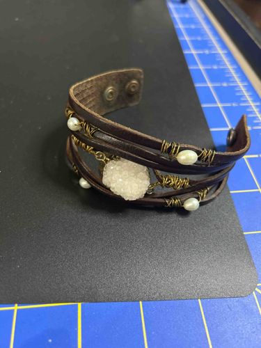 Bohemian Multi-Strand Leather Cuff Bracelet with Druzy and Pearl Accents