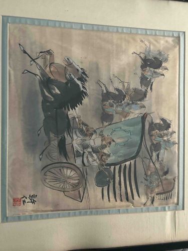 East Asian Warrior and Chariot Ink and Watercolor Painting