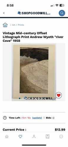 Vintage Mid-century Offset Lithograph Print Andrew Wyeth "River Cove" 1958