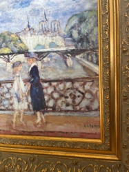 Impressionistic Painting of Notre Dame with Figures on Bridge