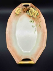 Hand-Painted Porcelain/Ceramic Serving Tray with Yellow Roses and Gilt Accents