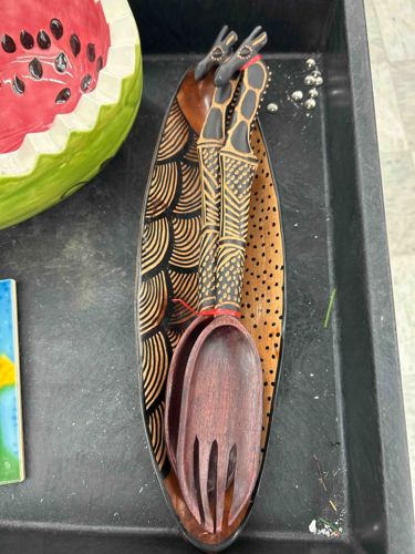 Hand-Carved Giraffe Motif Wooden Salad Servers and Dish Set