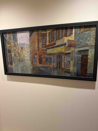 Framed Mixed Media Street Scene Painting