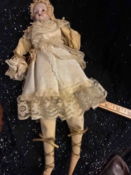 Antique Bisque Head Doll with Cloth Body and Lace Dress