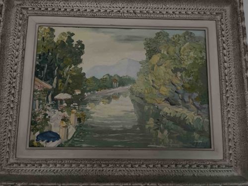 Framed Impressionistic Landscape Painting of a River Scene