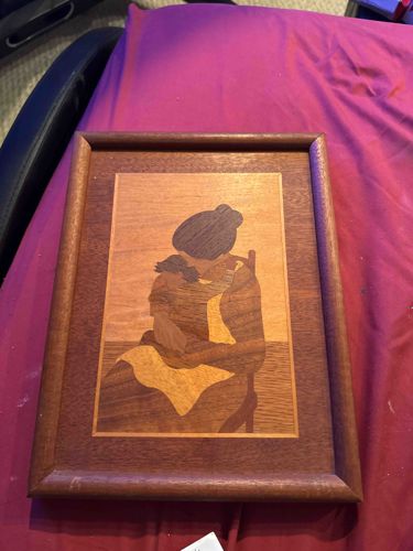 Framed Wood Marquetry Inlay Portrait of Mother and Child
