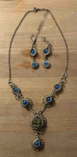 Filigree Silver-Tone Necklace and Dangle Earring Set with Blue Cabochons
