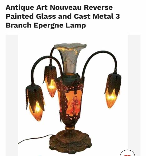 Antique Art Nouveau Reverse Painted Glass and Cast Metal 3-Branch Epergne Lamp