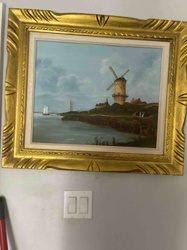 Framed Oil Painting: Windmill and Seascape