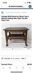 Vintage MCM Wood Rolling Side Table/Tea Bar/Plant Cart w/ Black Top