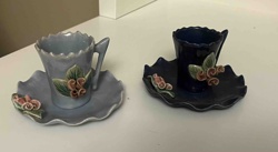 Pair of Ceramic Demitasse Cups and Saucers with Applied Floral Decoration