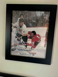 Framed Autographed Hockey Photo featuring Johnny Bucyk and Bill Goldsworthy