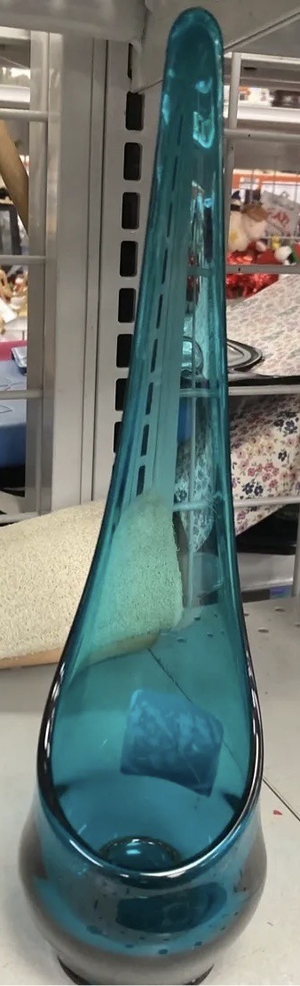 Submitted photo of Mid-Century Modern Blenko-style turquoise glass decanter or vase