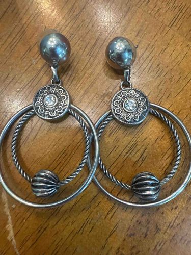 Silver-Toned Dangle Hoop Earrings with Decorative Discs and Fluted Beads