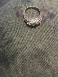 Silver-Toned Ring with Central Teal Stone and Filigree Accents
