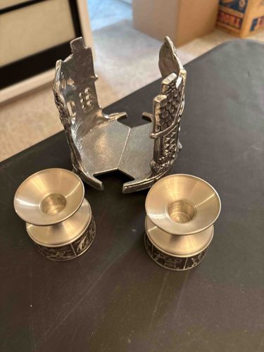 Pewter Candle Holder Set with 'Grosse Kirche' Landscape Motif