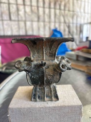 Ancient Chinese Bronze Gu-style Vessel with Ram Head Motifs