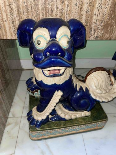 Blue and White Ceramic Foo Dog Statue