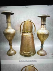 Three Antique Brass Ornaments: Two Vases and One Handled Vessel