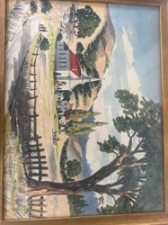 Rural Landscape with Church Watercolor Painting