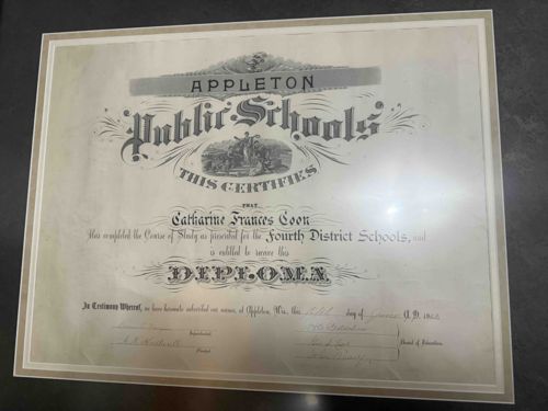 Appleton Public Schools Diploma awarded to Catharine Frances Coon (1902)