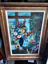 Floral Still Life Painting in Gold Frame