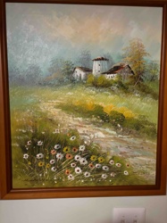 Rural Landscape Painting with Barn and Daisy Field