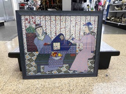 Folk Art Style Framed Print of Two Women Knitting