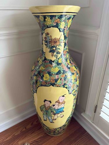 Large Floor Vase with Polychrome Floral and Figural Decoration