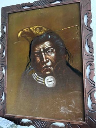 Velvet Painting: Portrait of an Indigenous Man with Eagle and Ceremonial Staff