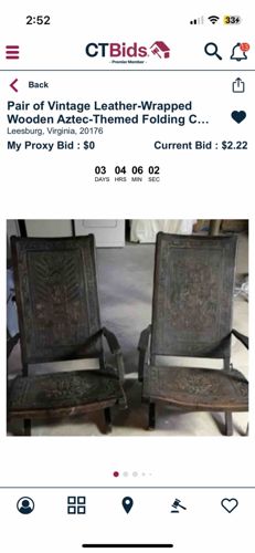 Pair of Vintage Leather-Wrapped Wooden Aztec-Themed Folding Chairs