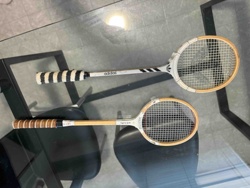 Two Vintage Wooden Badminton Rackets (Adidas and Falcon)