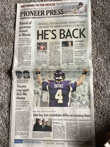 Washington County Pioneer Press Newspaper, August 19, 2009 (Brett Favre 'He's Back' Headline)