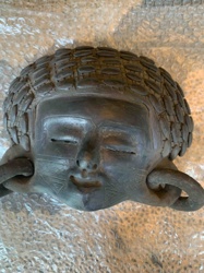 Terra Cotta Sculptural Head with Textured Hair and Ear Ornaments