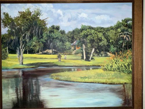Landscape Oil Painting with River and Cottage