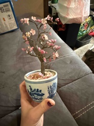 Miniature Faux Cherry Blossom Bonsai Tree in Blue and White Planter