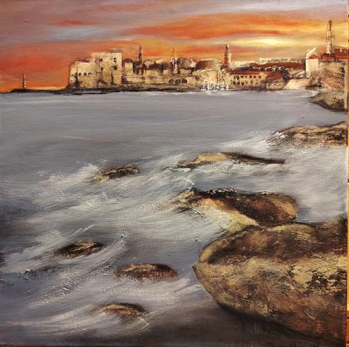 Coastal Cityscape at Sunset - Original Acrylic Seascape