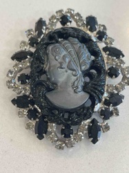 Vintage Black and Clear Rhinestone Cameo Brooch
