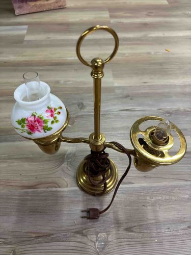 Vintage Brass Dual-Arm Accent Lamp with Floral Milk Glass Shade